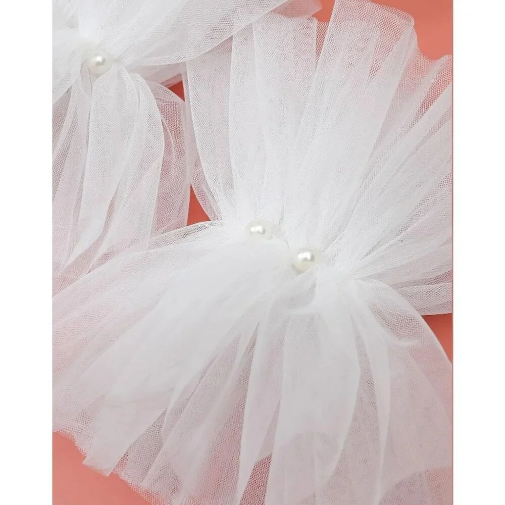 Women's Fingerless White Pearl Tulle Short Lace Gloves Wedding Party Prom
